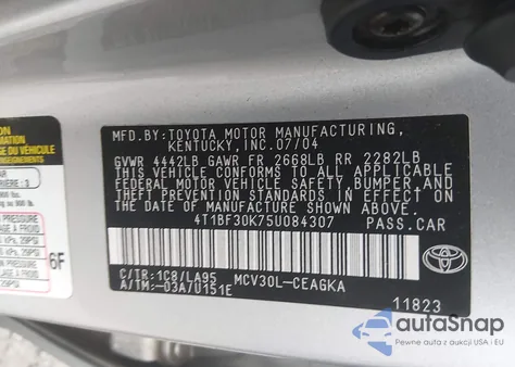 2005 Toyota Camry Xle V6 z USA, uszkodzony, nr VIN 4T1BF30K75U084307